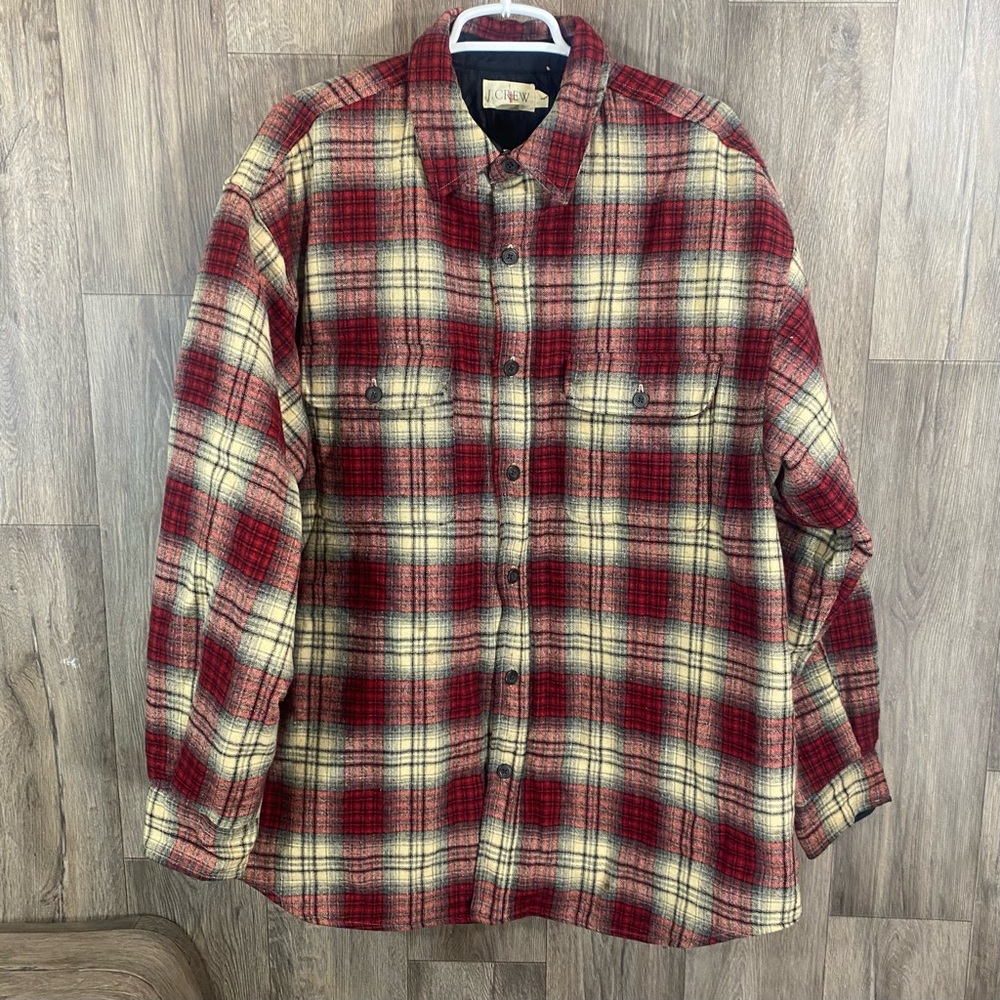 J Crew Lined Flannel Shirt Jacket Large Plaid Red Long Sleeve Wool Blend Vintage